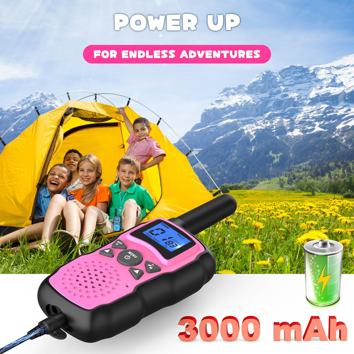 Pink and purple kids walkie talkies with lanyards