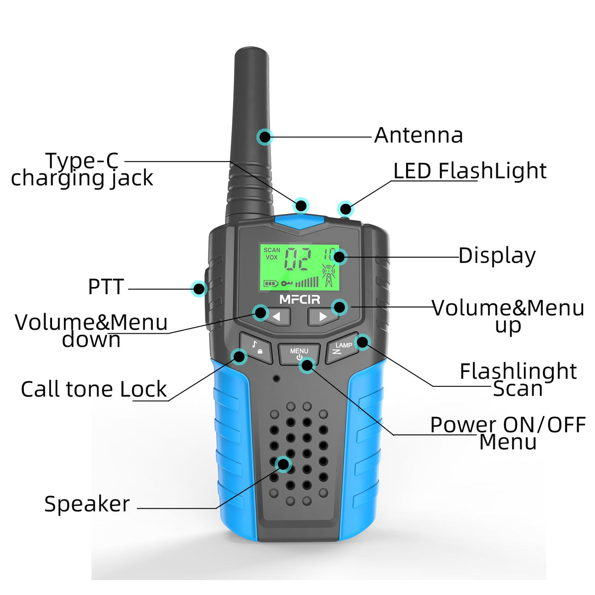 Mfcir outdoor adventure walkie talkies for boys and girls highlighting the clear 22 channel interface