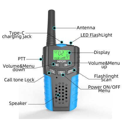 Mfcir outdoor adventure walkie talkies for boys and girls highlighting the clear 22 channel interface