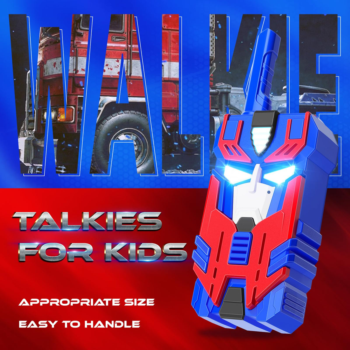 Two pack blue robot communication devices for children showing the simple push to talk side button layout.