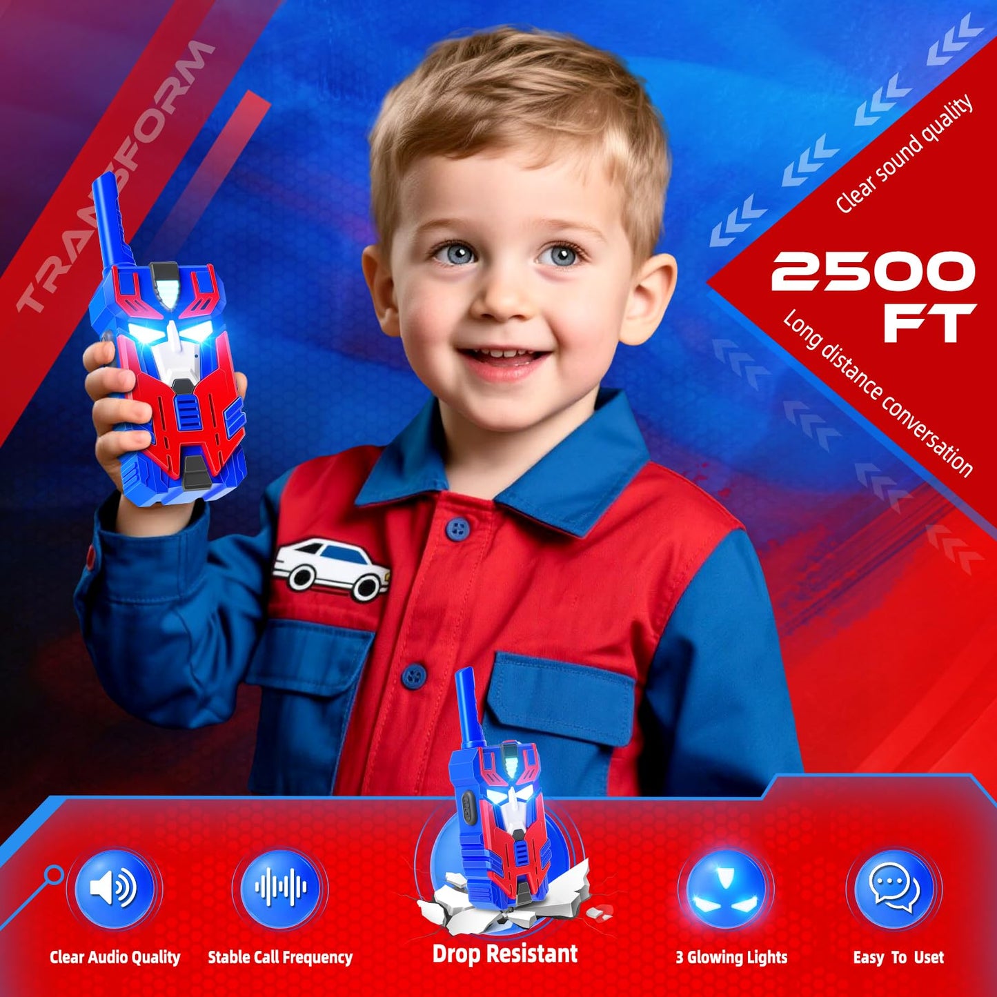 Blue leader robot inspired walkie talkies displaying the active LED eye lighting effects during use.