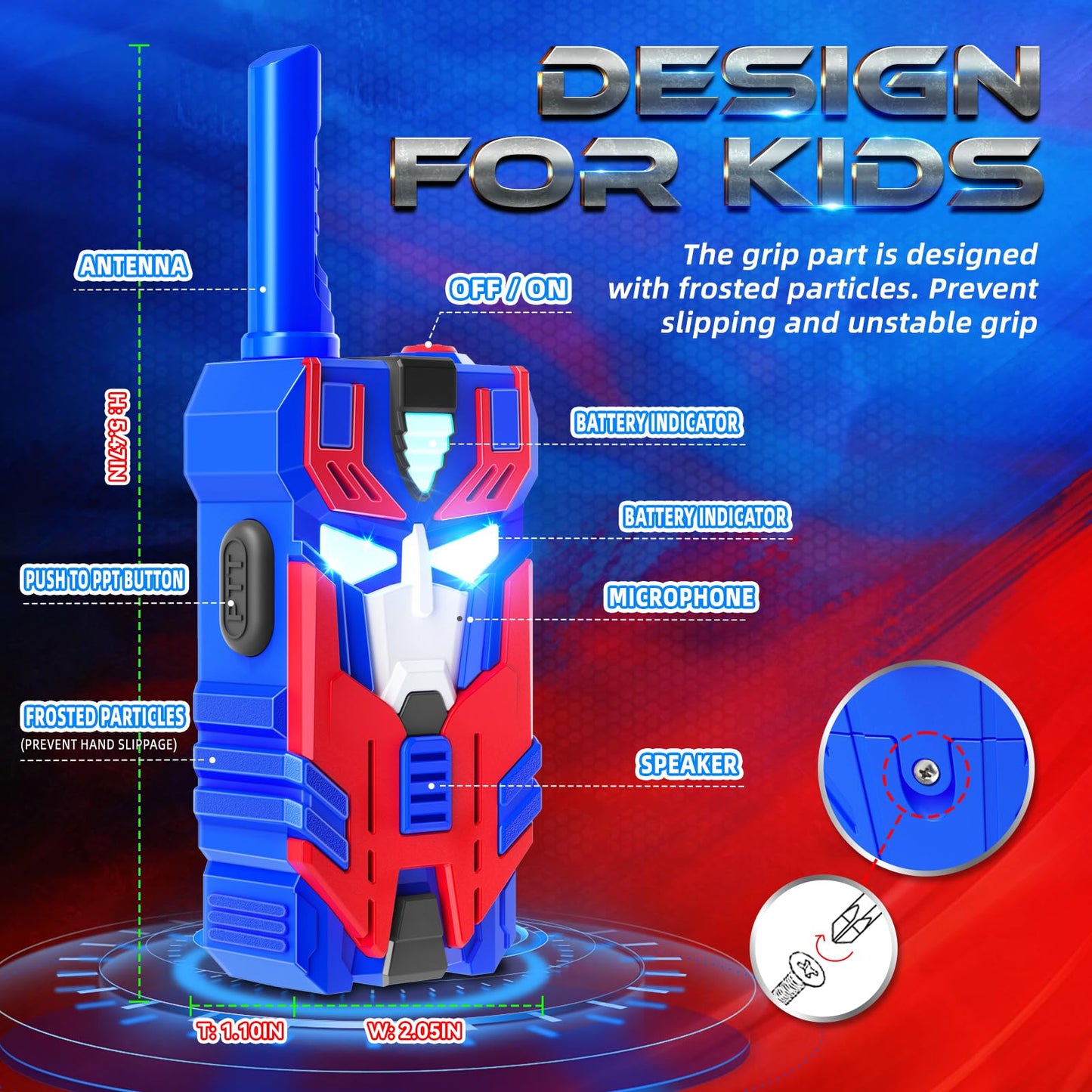 Imported children two way radio set illustrating the ergonomic anti slip grip designed for small hands.