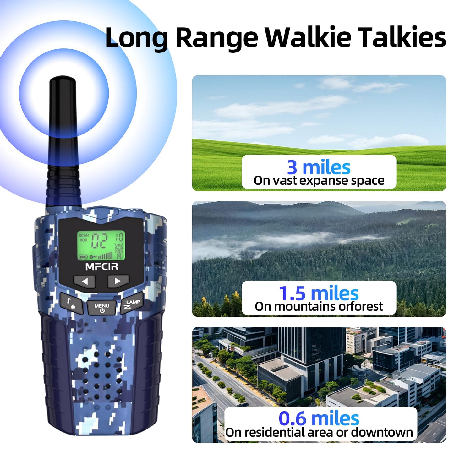 The built in LED flashlight function being used on the camouflage walkie talkie at night.
