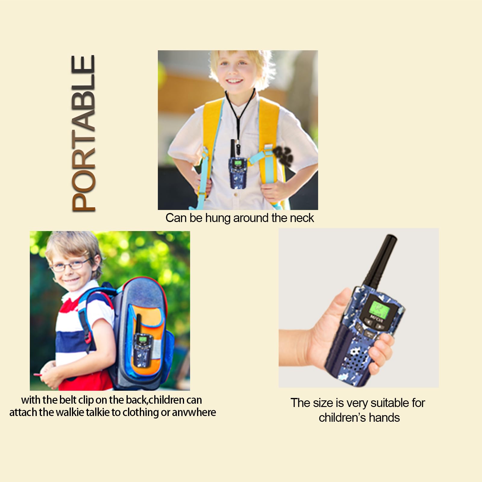 Mfcir kids two way radios showcasing the included belt clips and lanyards for portability.