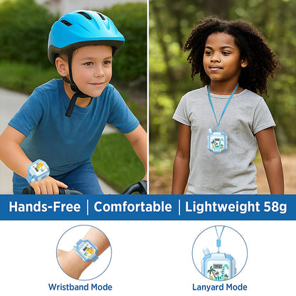 Two pack of blue dinosaur themed wearable two way radio watches with adjustable silicone wristbands.