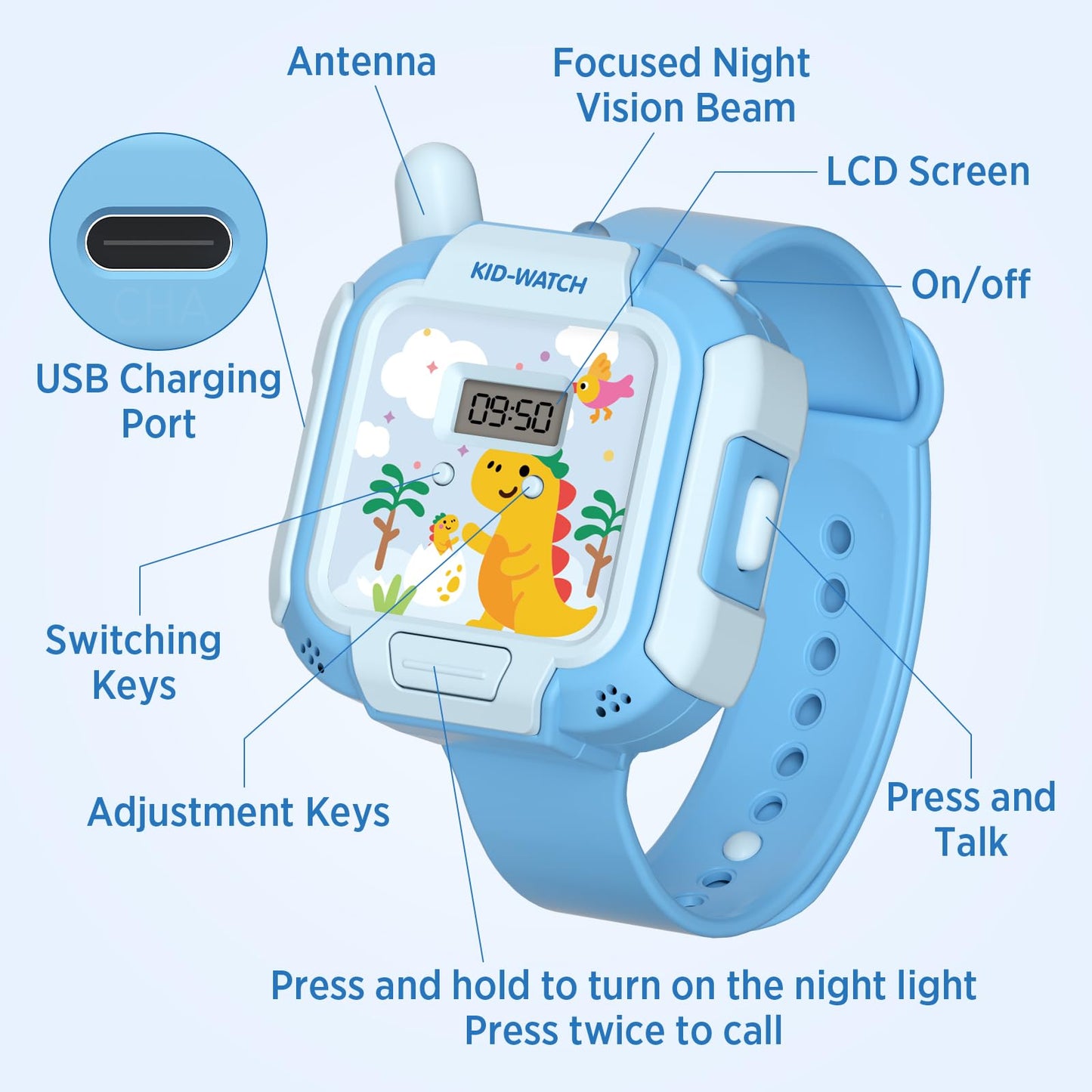 Childrens long range electronic communication watch toy being worn on a child wrist.
