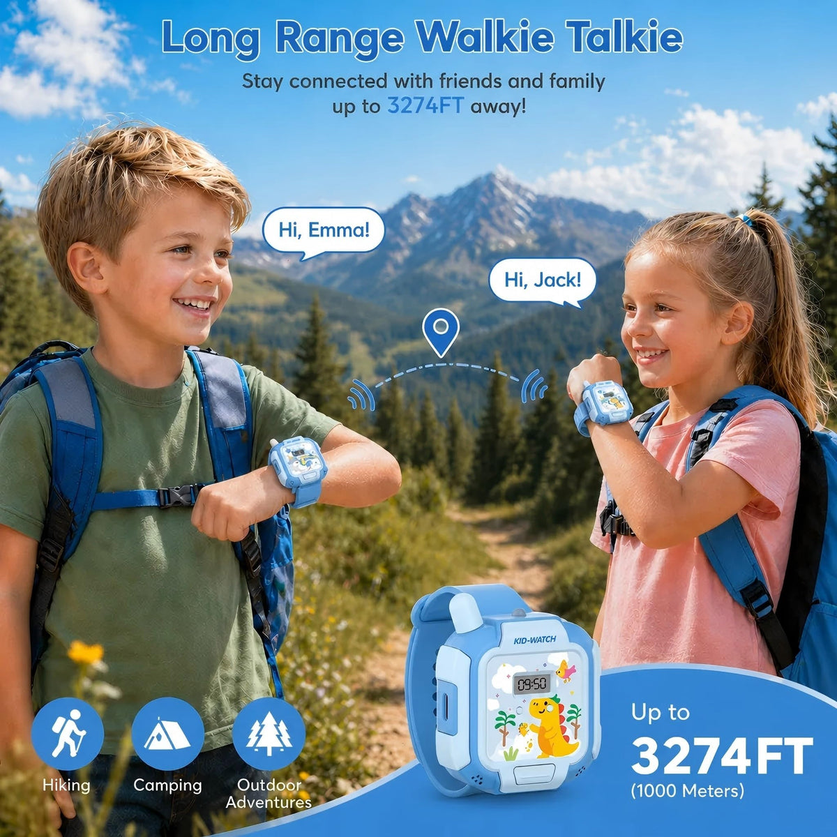 Turoytip kids walkie talkie watch showing the detachable lanyard accessory for neck wear.