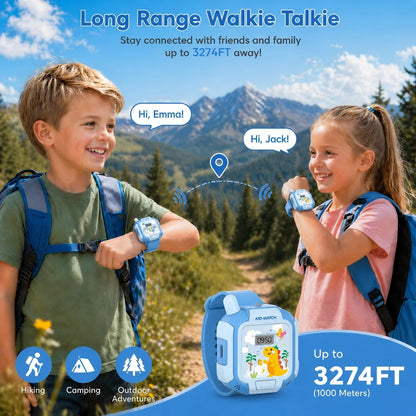 Turoytip kids walkie talkie watch showing the detachable lanyard accessory for neck wear.