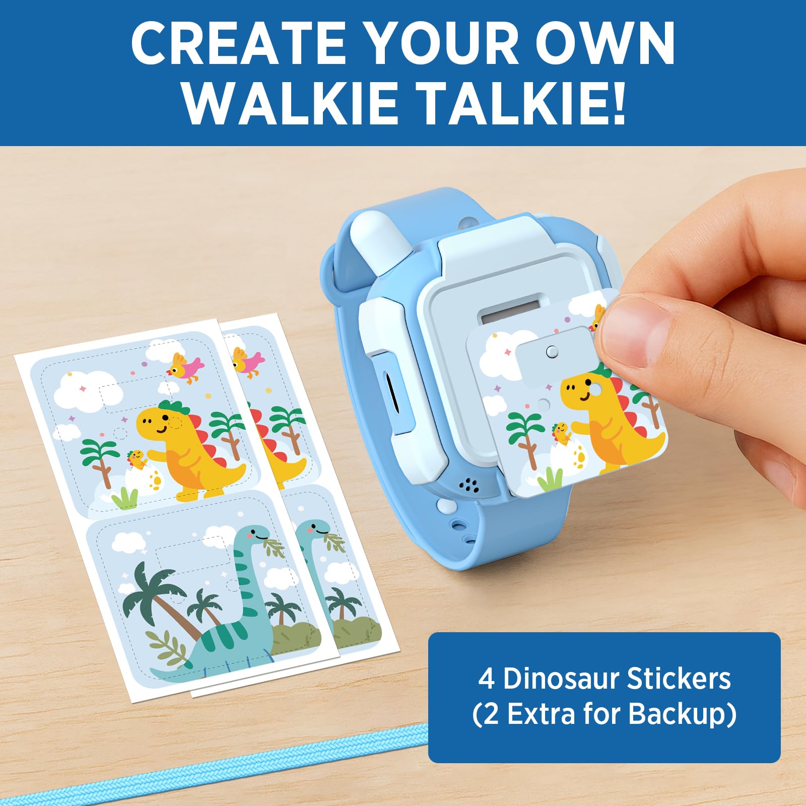 Rechargeable hands free walkie talkie toy displaying the built in flashlight feature for evening outdoor camping.