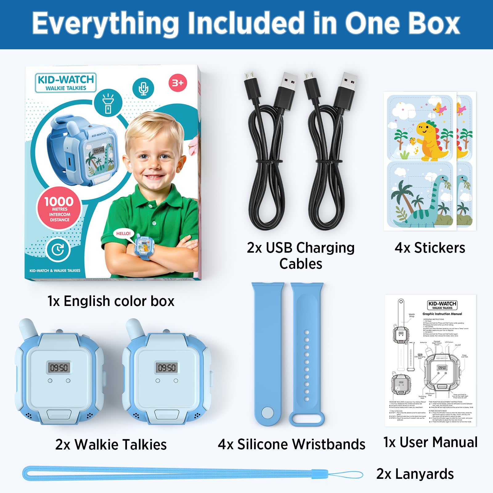 Complete packaging box of the Turoytip authentic USA imported wearable walkie talkie set for boys and girls.