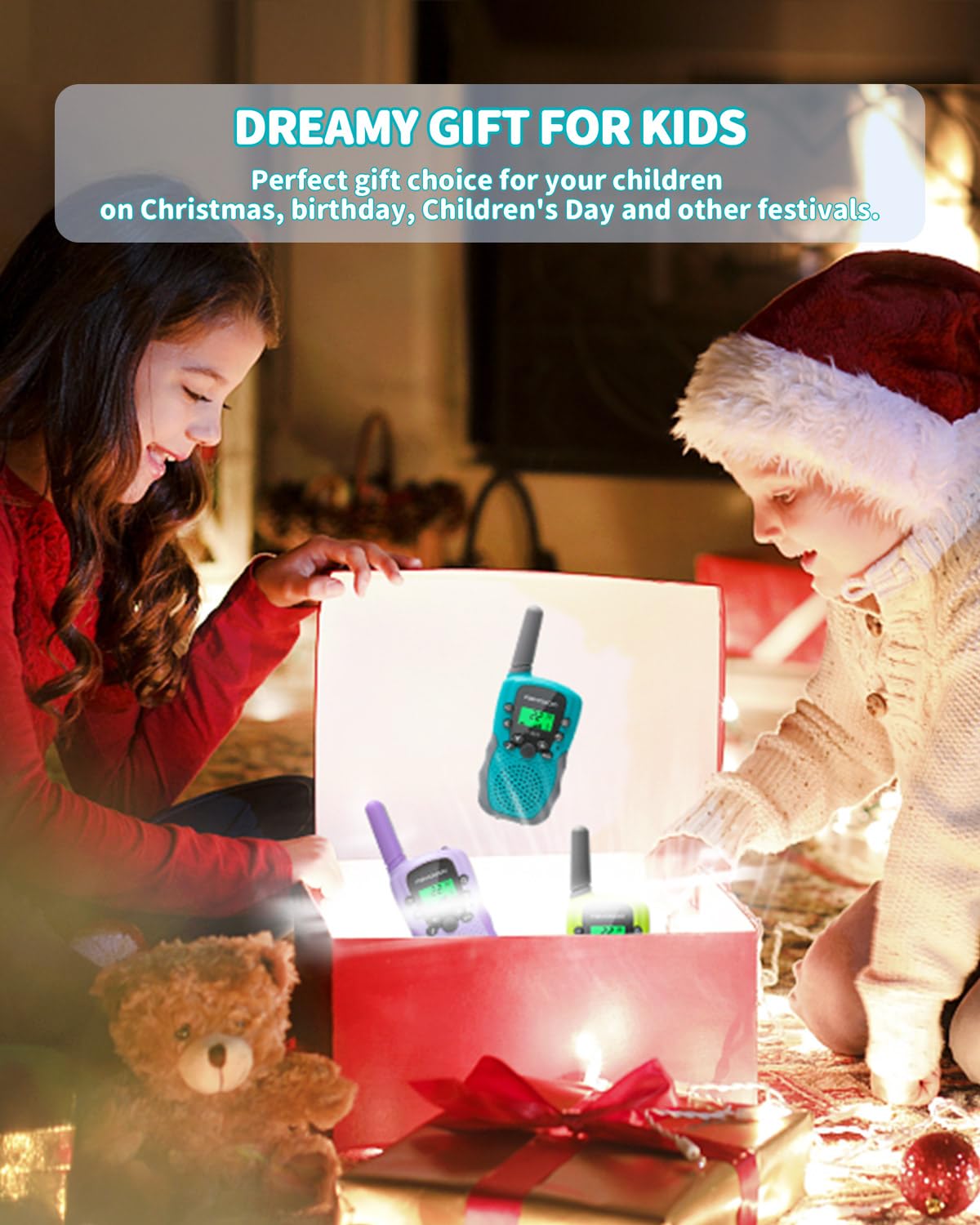 Side angle view showing the durable drop resistant plastic casing design of the kids radio toy