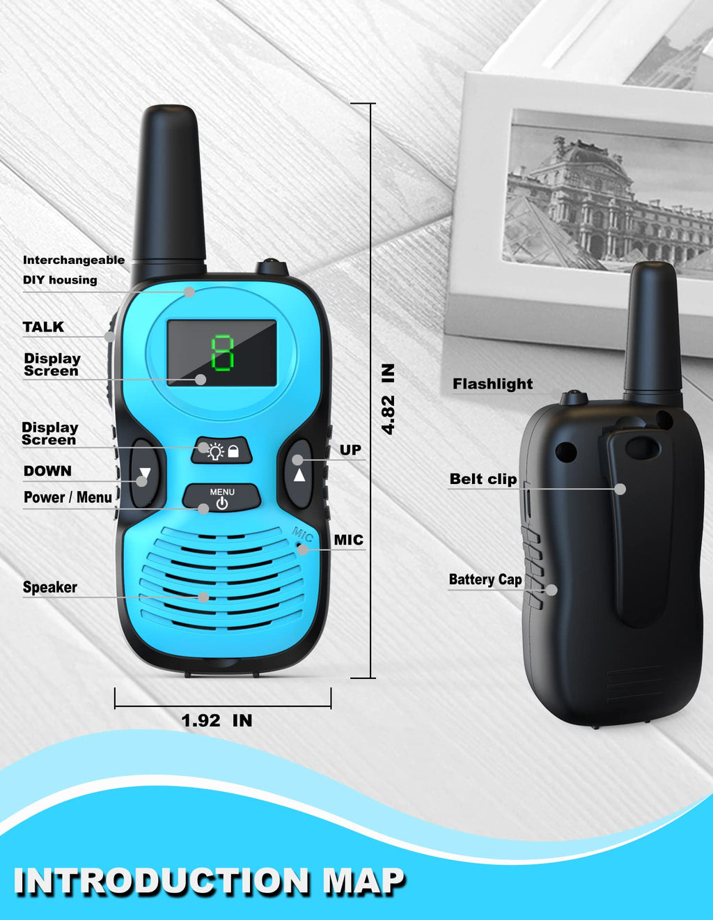 Close up of the buttons and screen on a blue Jueion walkie talkie for children