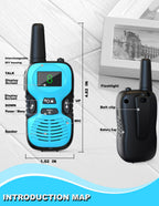 Close up of the buttons and screen on a blue Jueion walkie talkie for children