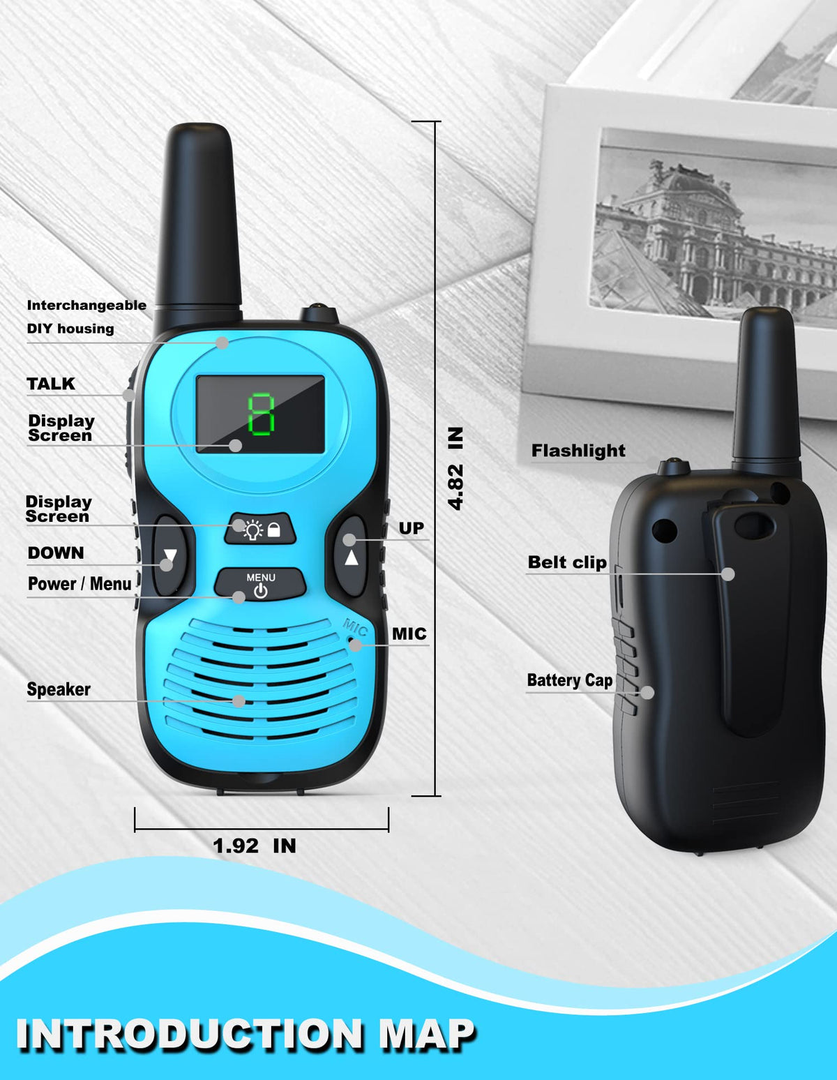 Close up of the buttons and screen on a blue Jueion walkie talkie for children