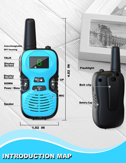 Close up of the buttons and screen on a blue Jueion walkie talkie for children