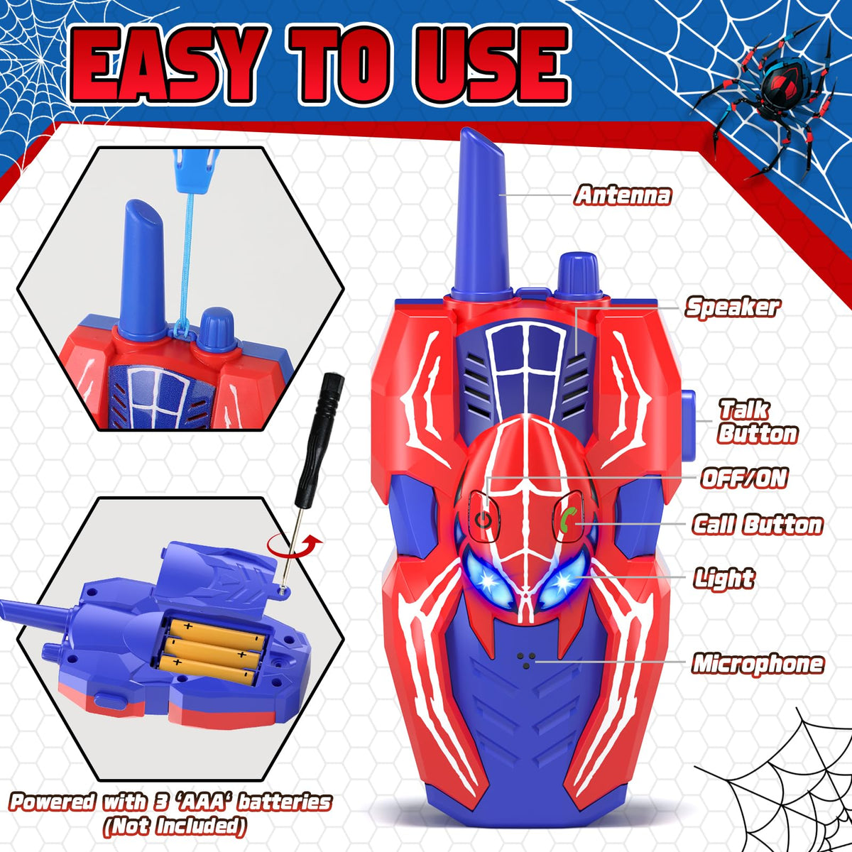 SOGAWEBB spider interphone toys highlighting the antenna and simple push to talk button layout