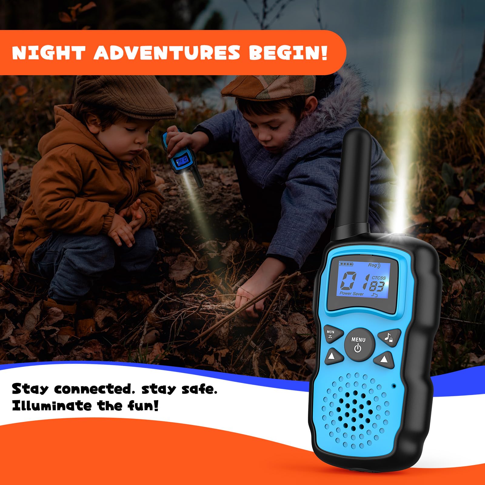 Three pack wearable walkie talkies with attached neck lanyards for hands free outdoor family camping activities