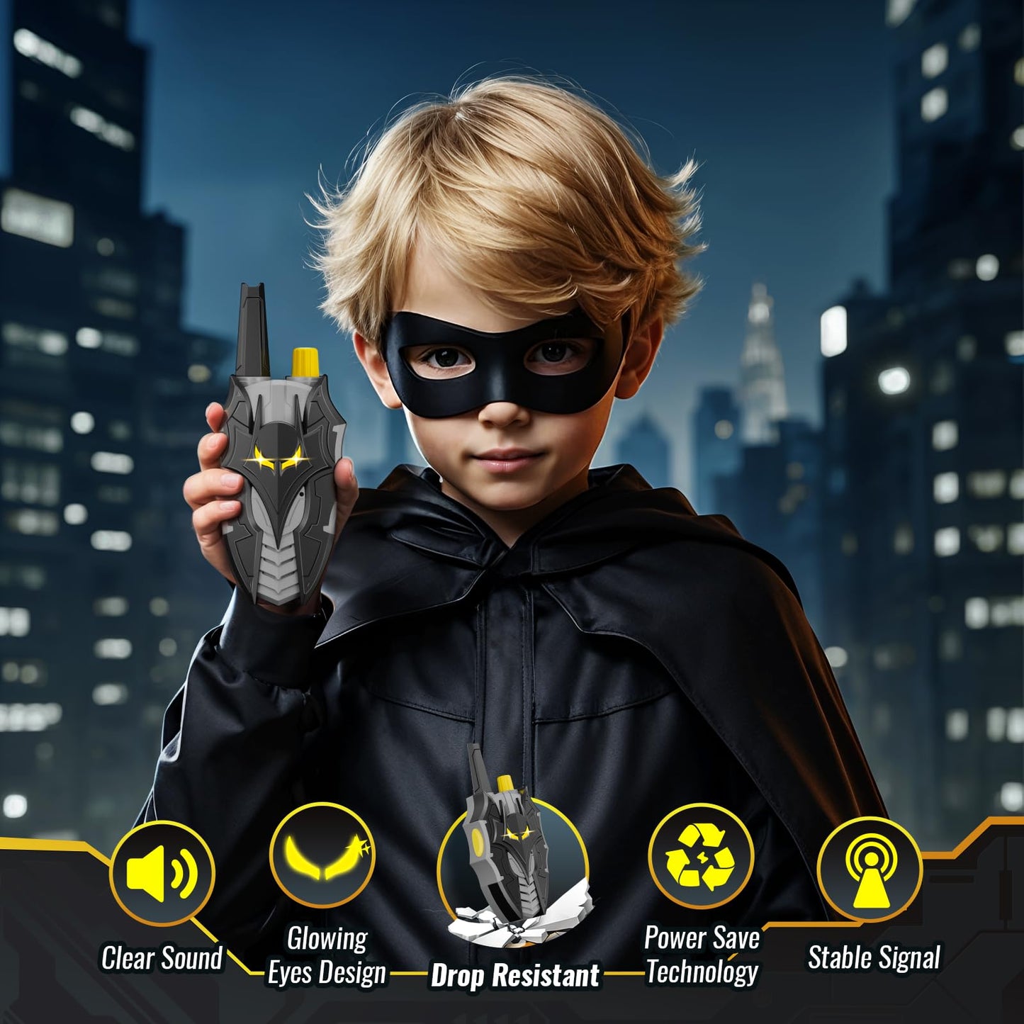 Kid using imported bat wing communication radio toy in a garden