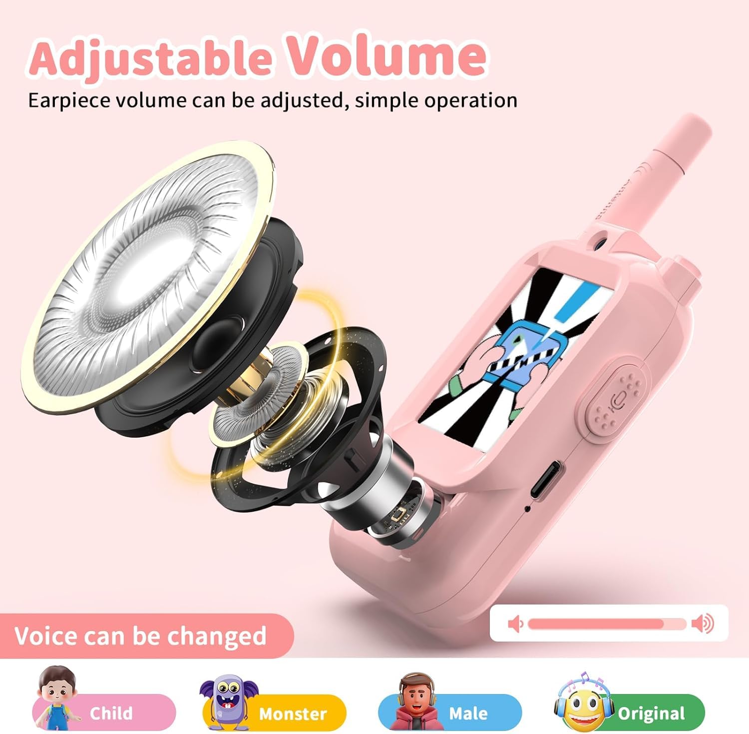 Side profile of lightweight pink walkie talkie showcasing the compact 63 gram frame for small hands.
