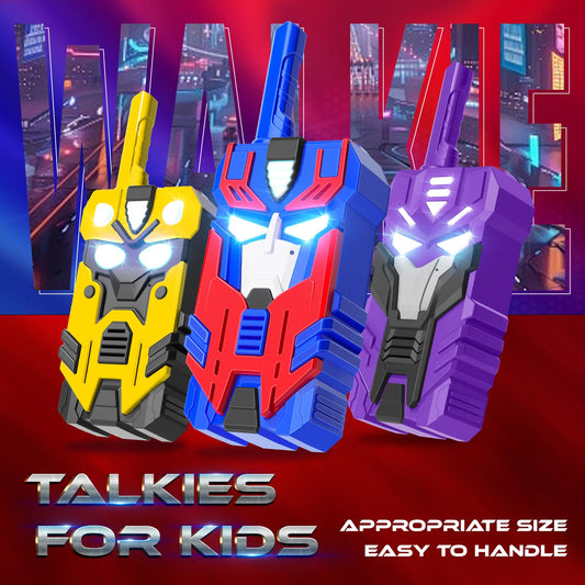Three robot walkie talkies for kids standing upright showcasing the ergonomic anti slip grip and antenna
