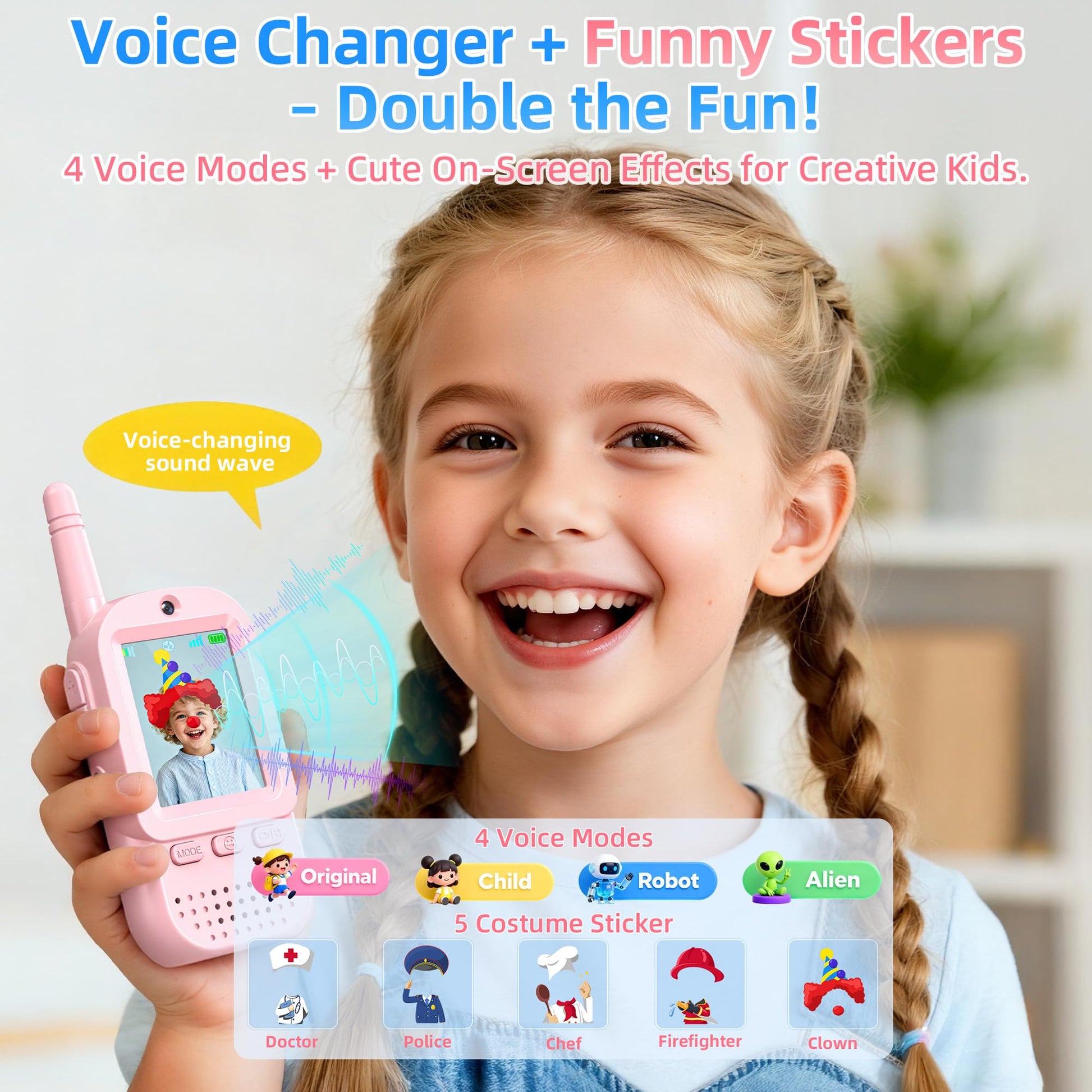 Close up of the two inch screen on the children rechargeable walkie talkie displaying the real time video call interface.