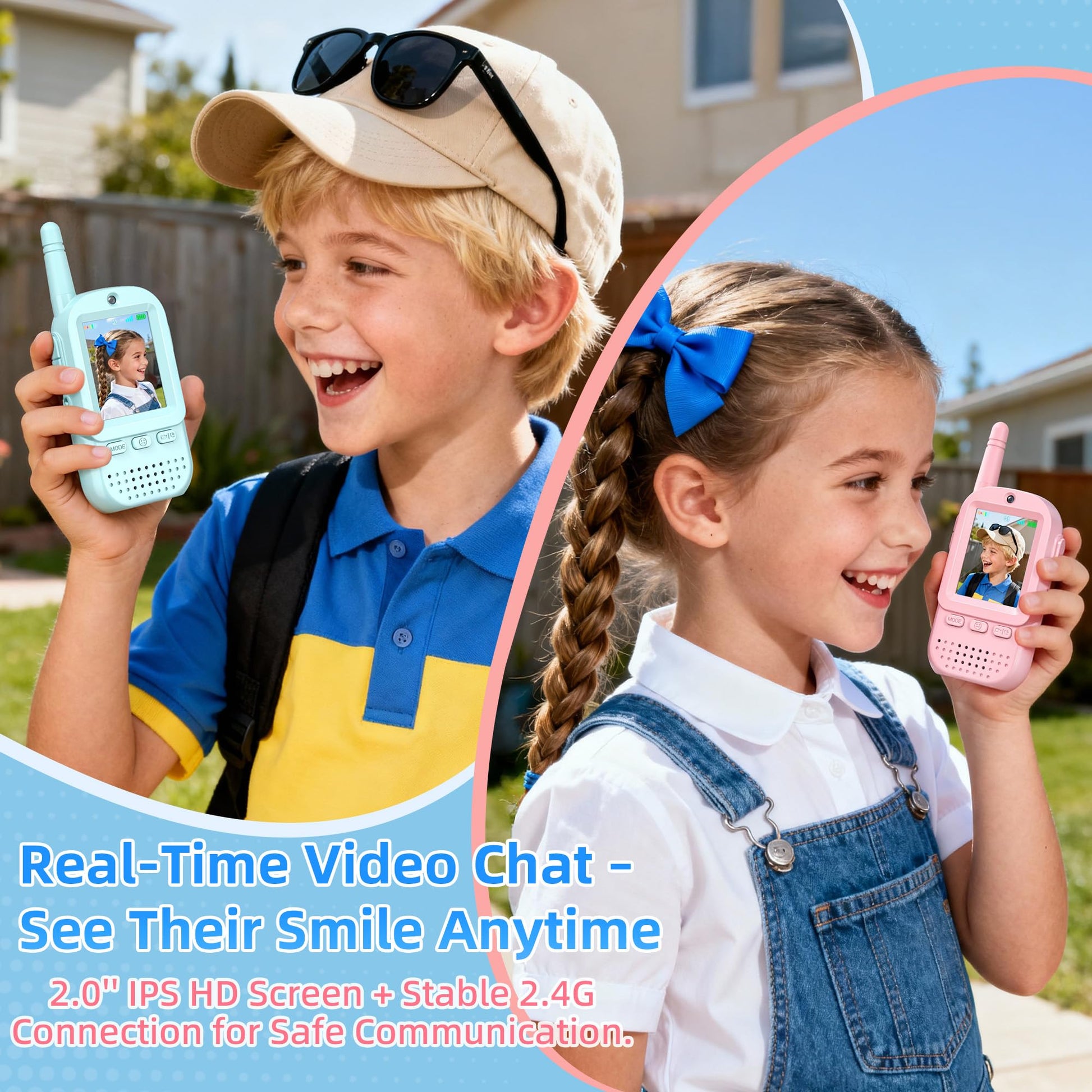 Side profile of the durable electronic toy showing the push to talk button and the built in high definition camera lens.