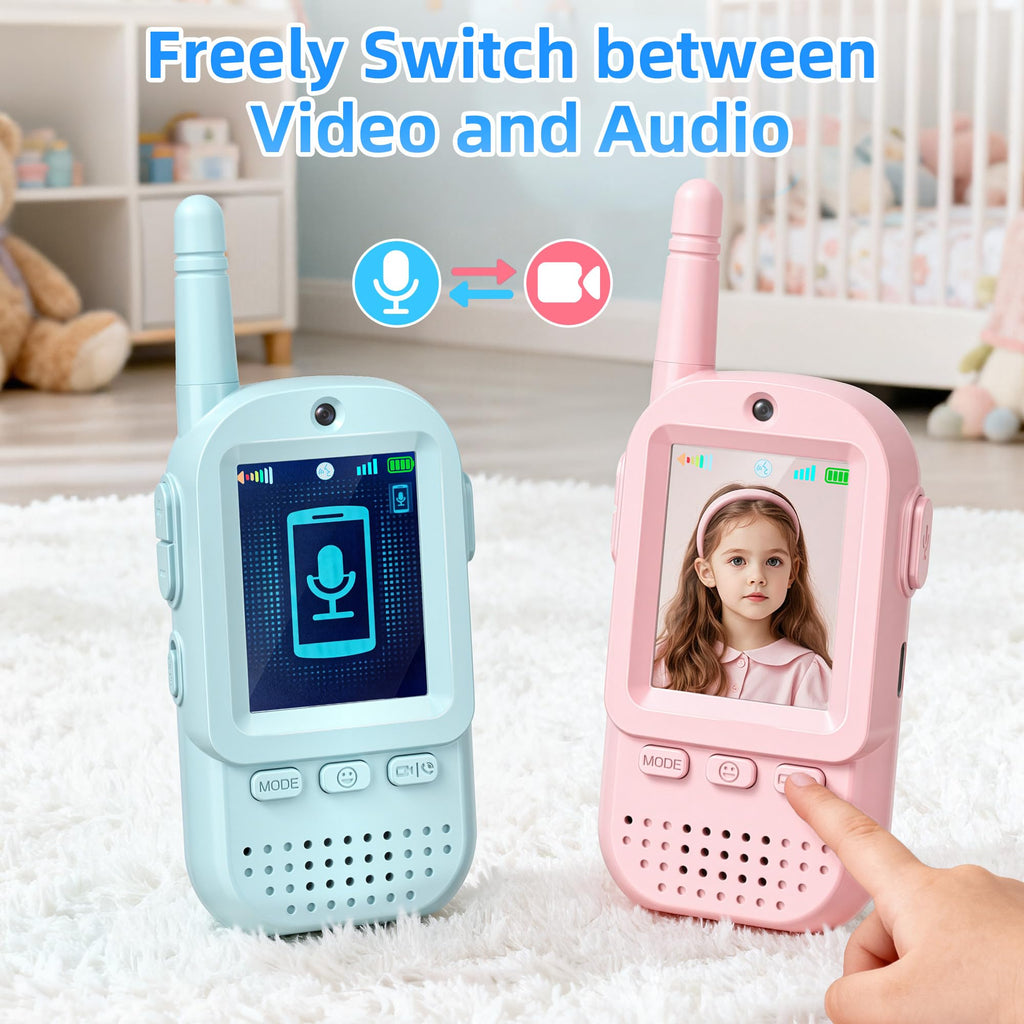 A child holding the lightweight pink walkie talkie unit during an outdoor camping game simulation.