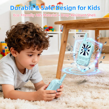 A child operating the blue interactive intercom toy demonstrating the easy to use buttons and voice changer settings.
