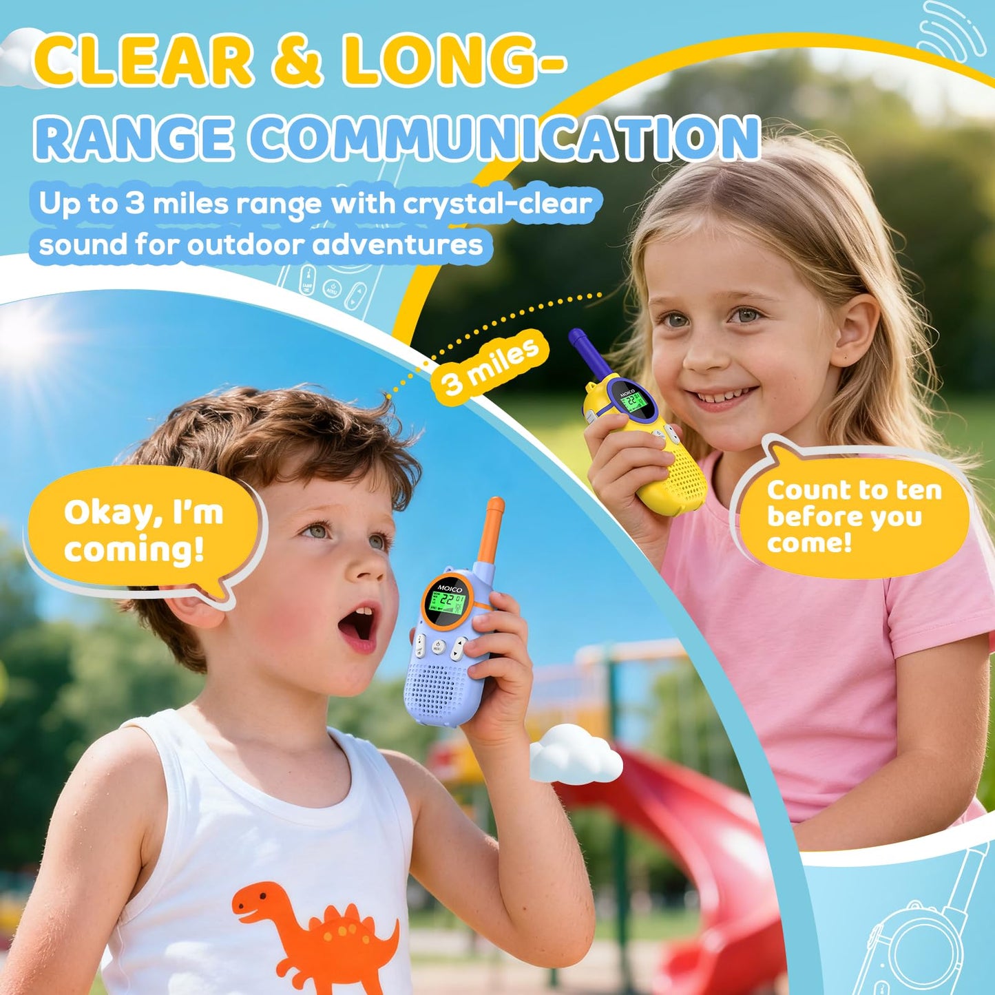 Close up view of the ergonomic anti slip side grip and push to talk button on the blue children two way radio.