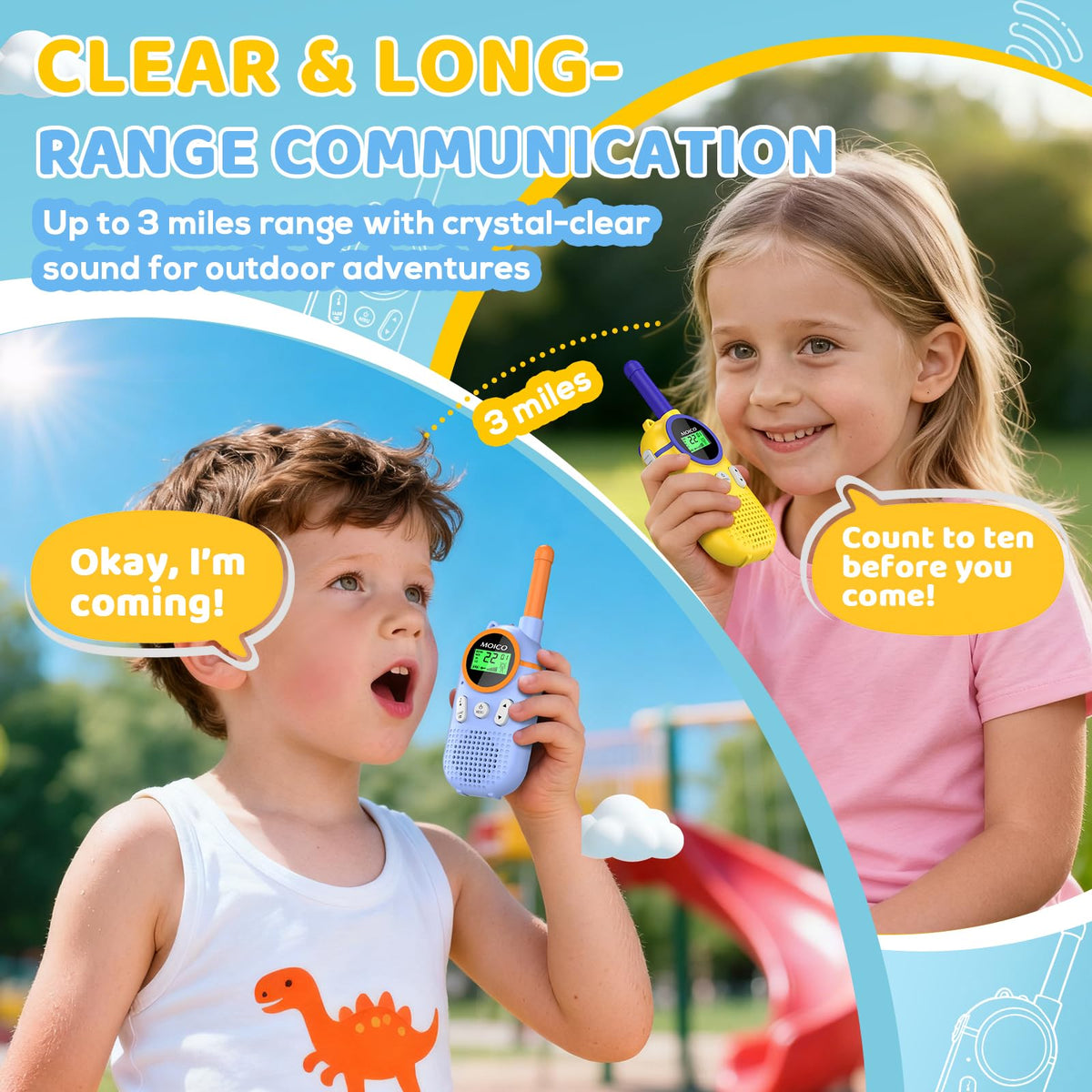 Close up view of the ergonomic anti slip side grip and push to talk button on the blue children two way radio.