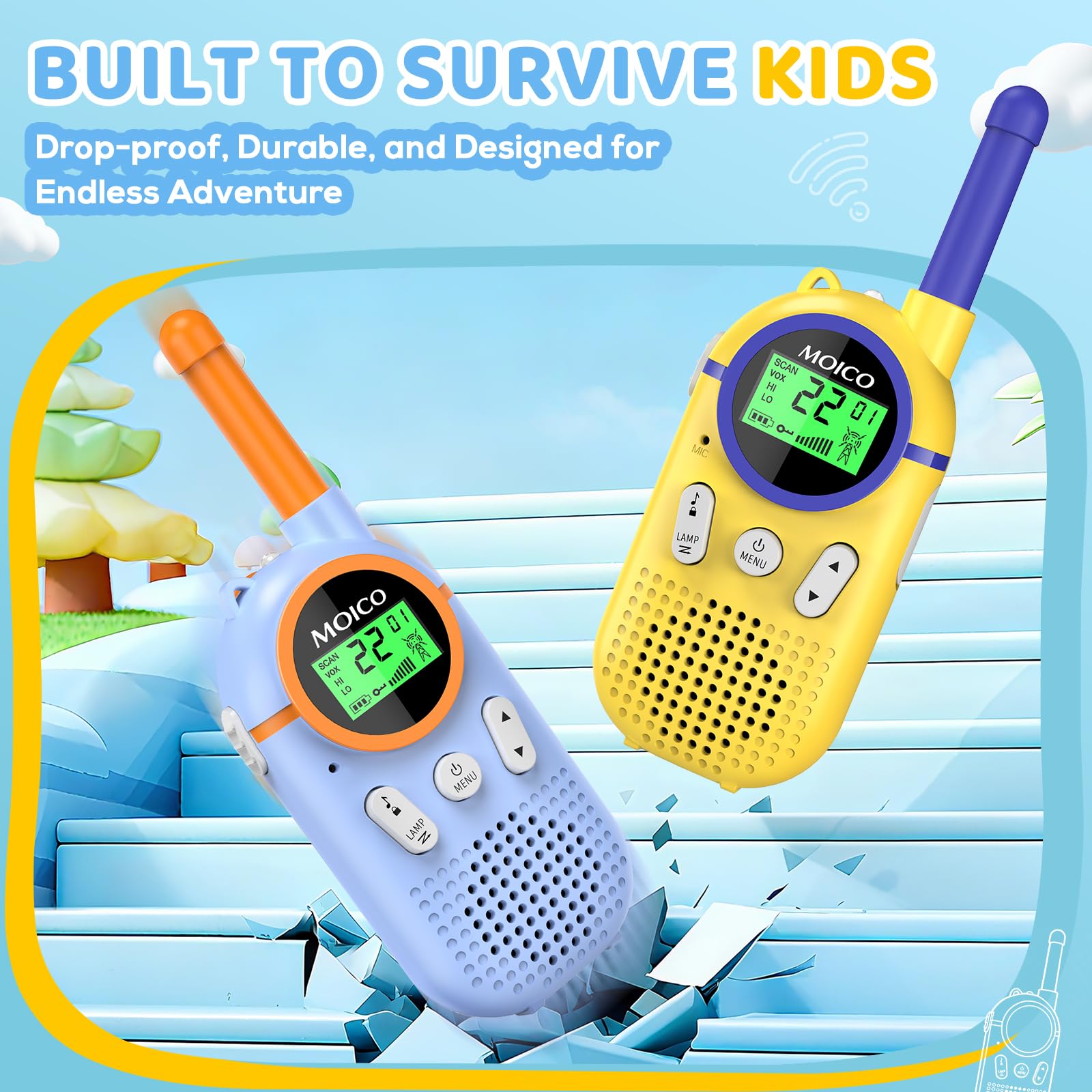 Compact dimensions of the colorful kid friendly communication radios being held comfortably inside a small hand.