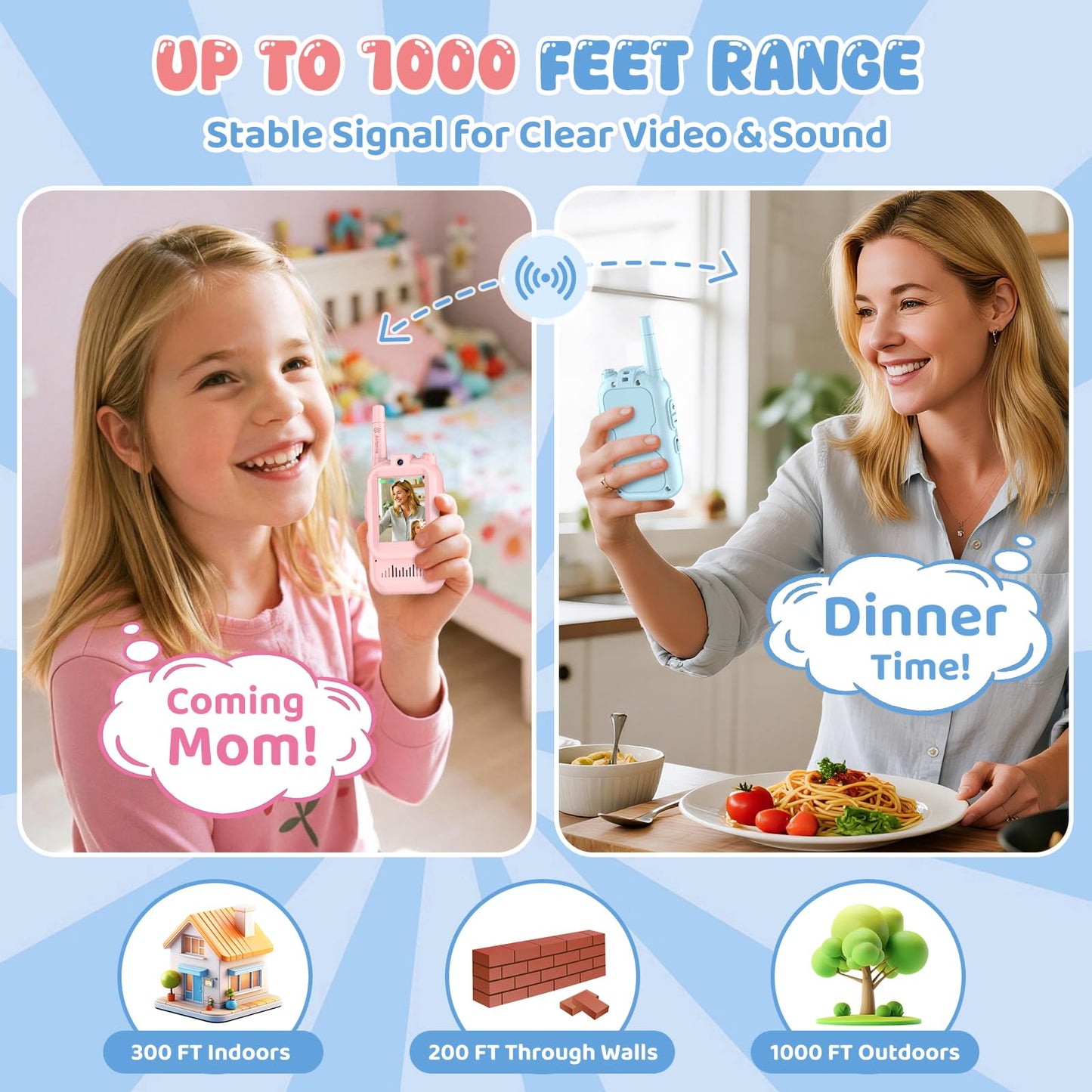 YUSSBCU rechargeable walkie talkie set showcasing the side buttons and ergonomic grip design for small hands