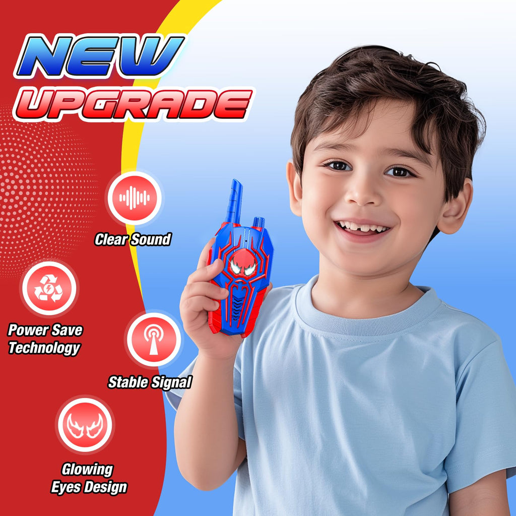 Two pack of blue JovialToyz children two way radios displayed on an outdoor camping background