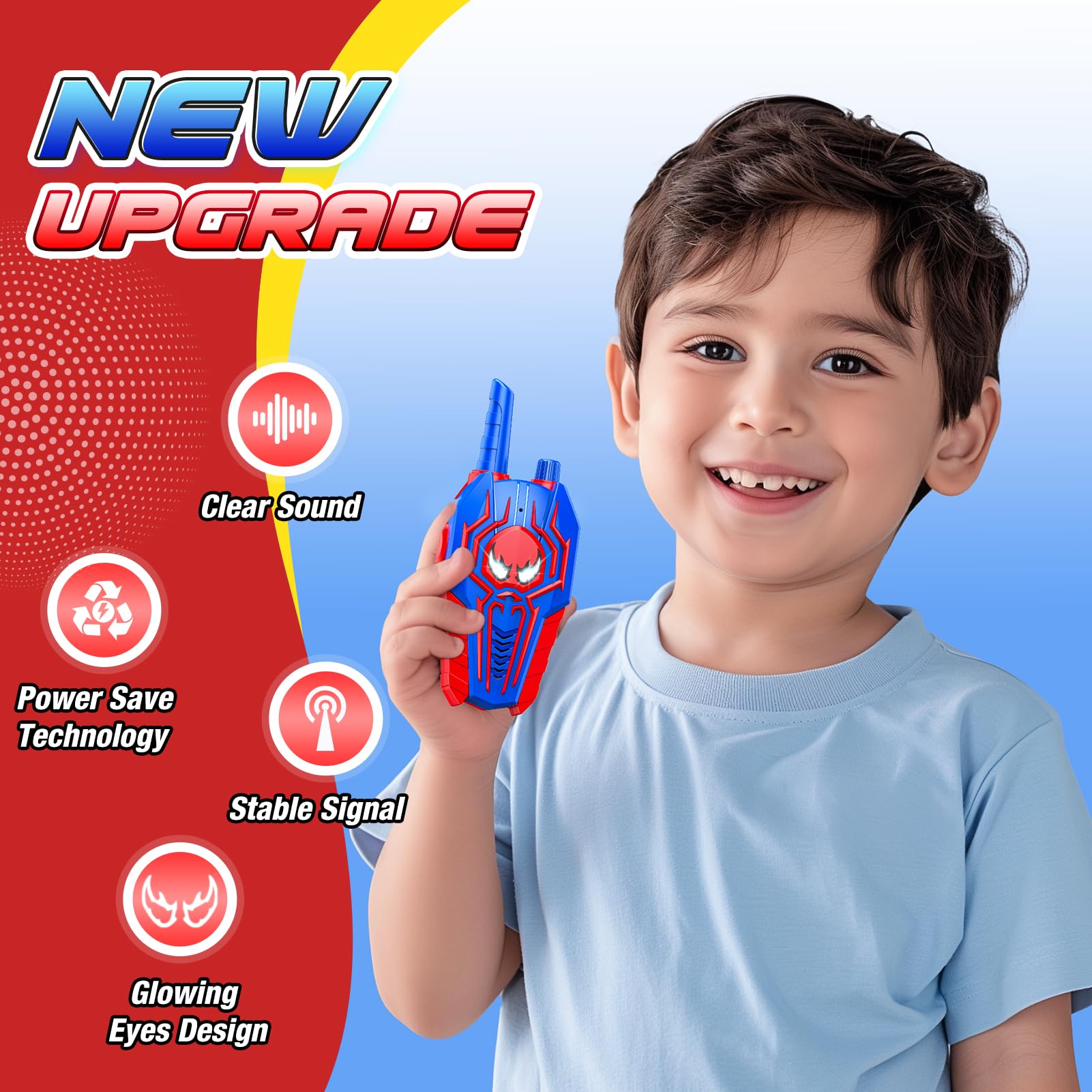 Two pack of blue JovialToyz children two way radios displayed on an outdoor camping background