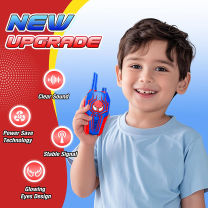 Two pack of blue JovialToyz children two way radios displayed on an outdoor camping background