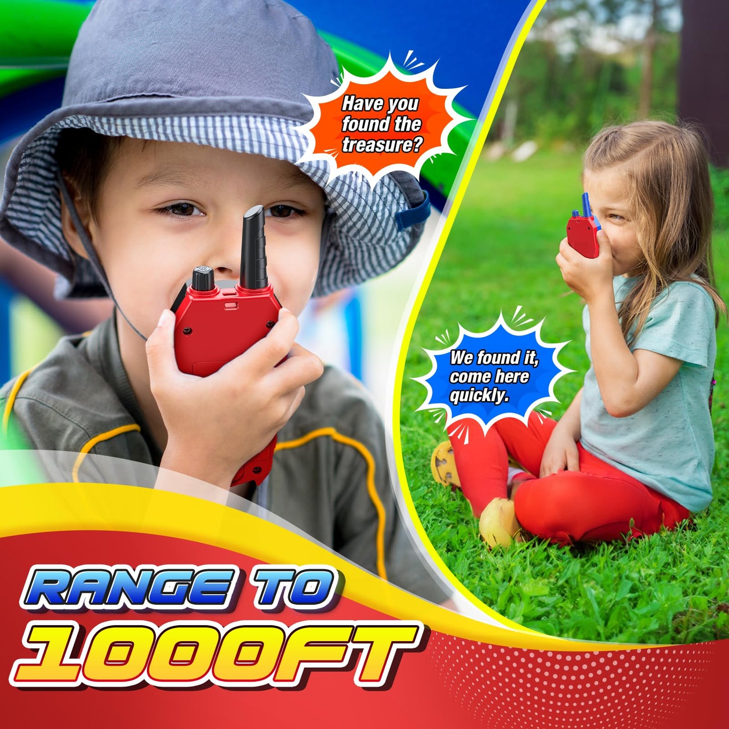 Side profile of JovialToyz kids walkie talkie highlighting the ergonomic grip and push to talk button