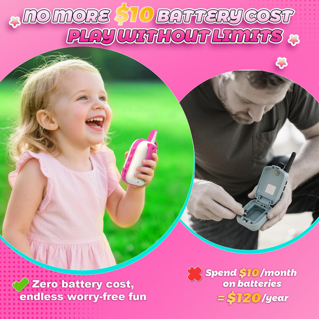 Two pack of pink and purple kids walkie talkies with built in rechargeable battery ports