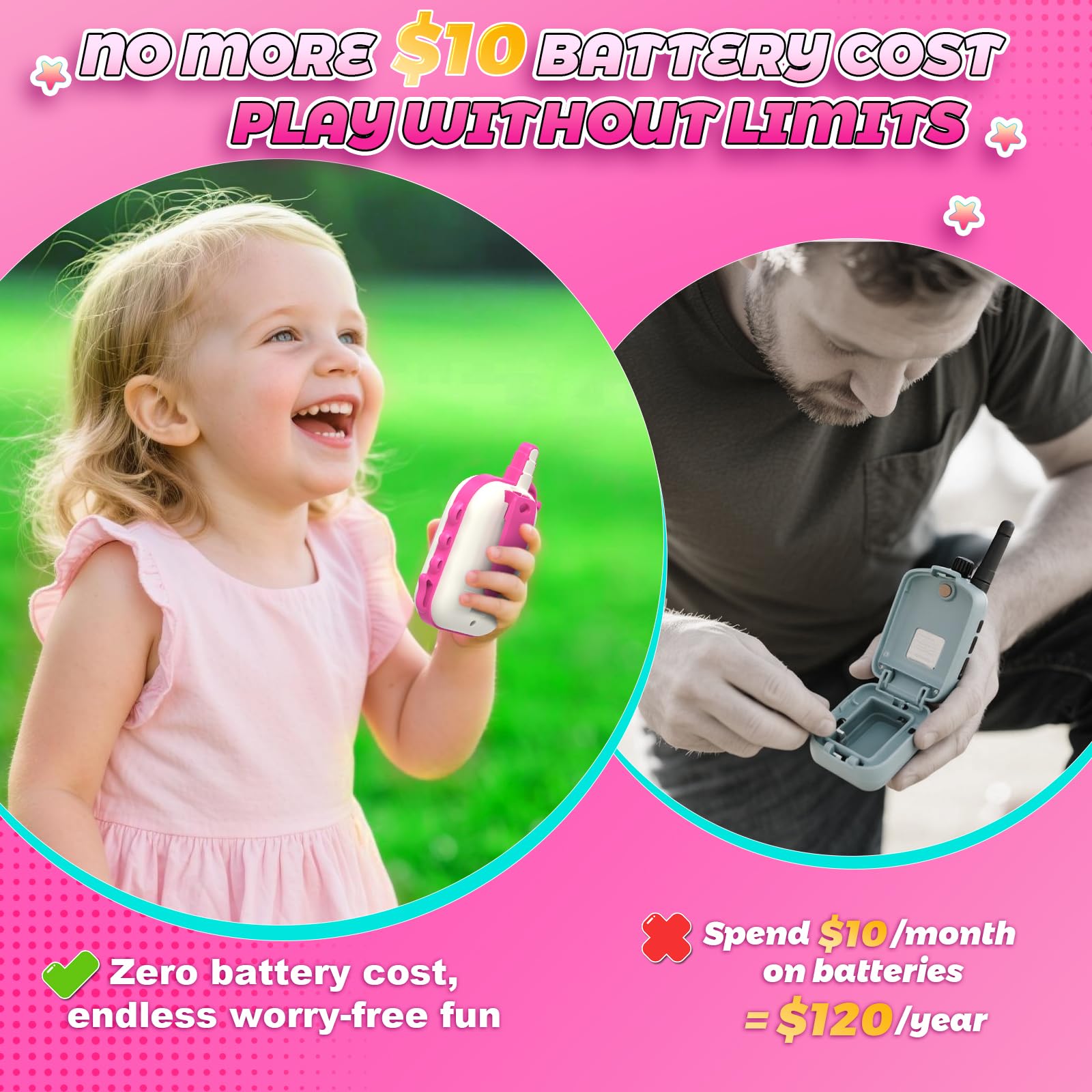 Two pack of pink and purple kids walkie talkies with built in rechargeable battery ports