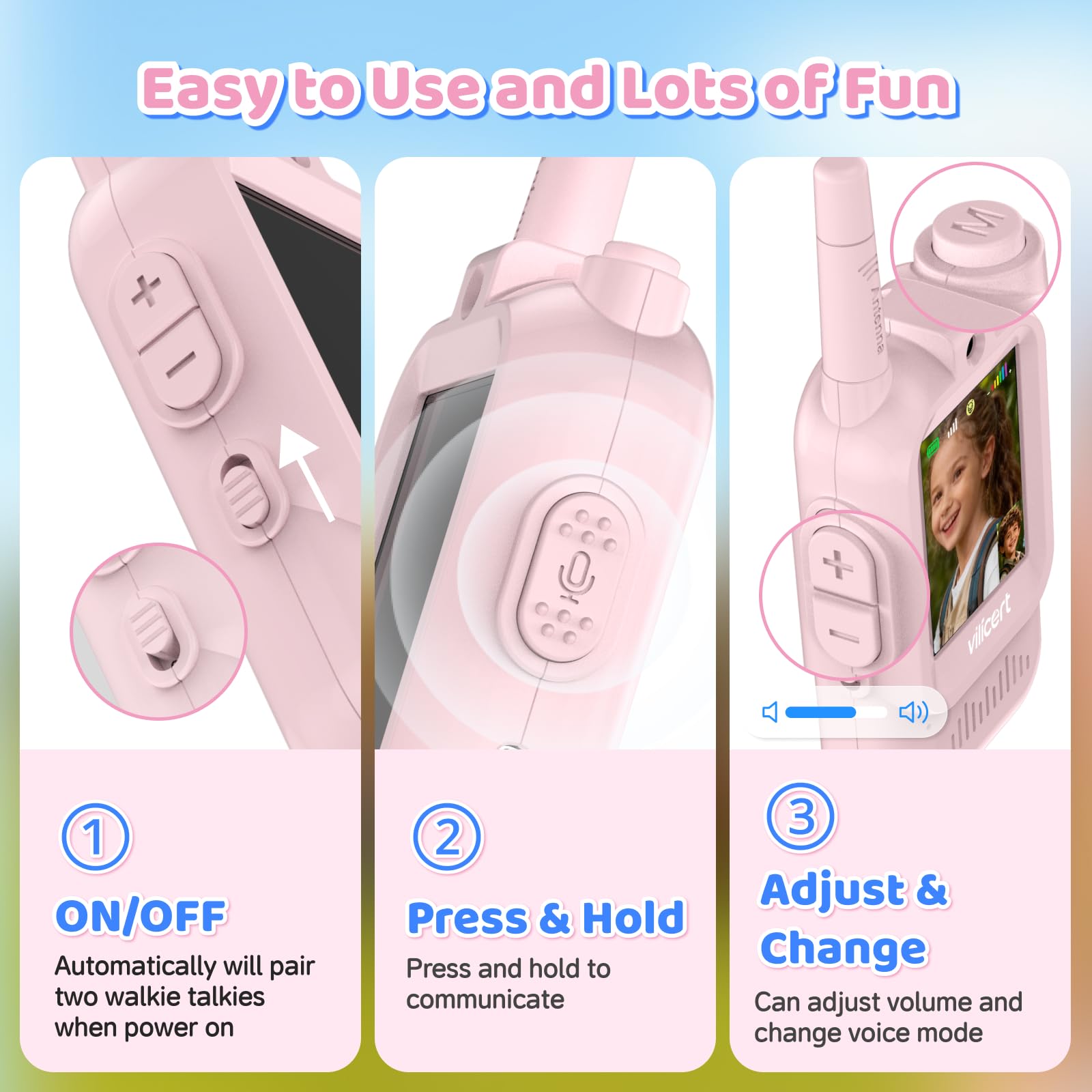 Pink and blue rechargeable children two way radios displayed with the charging ports visible