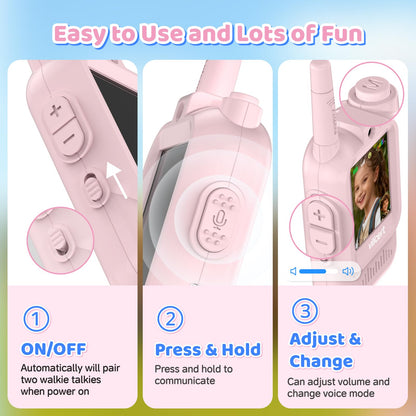 Pink and blue rechargeable children two way radios displayed with the charging ports visible