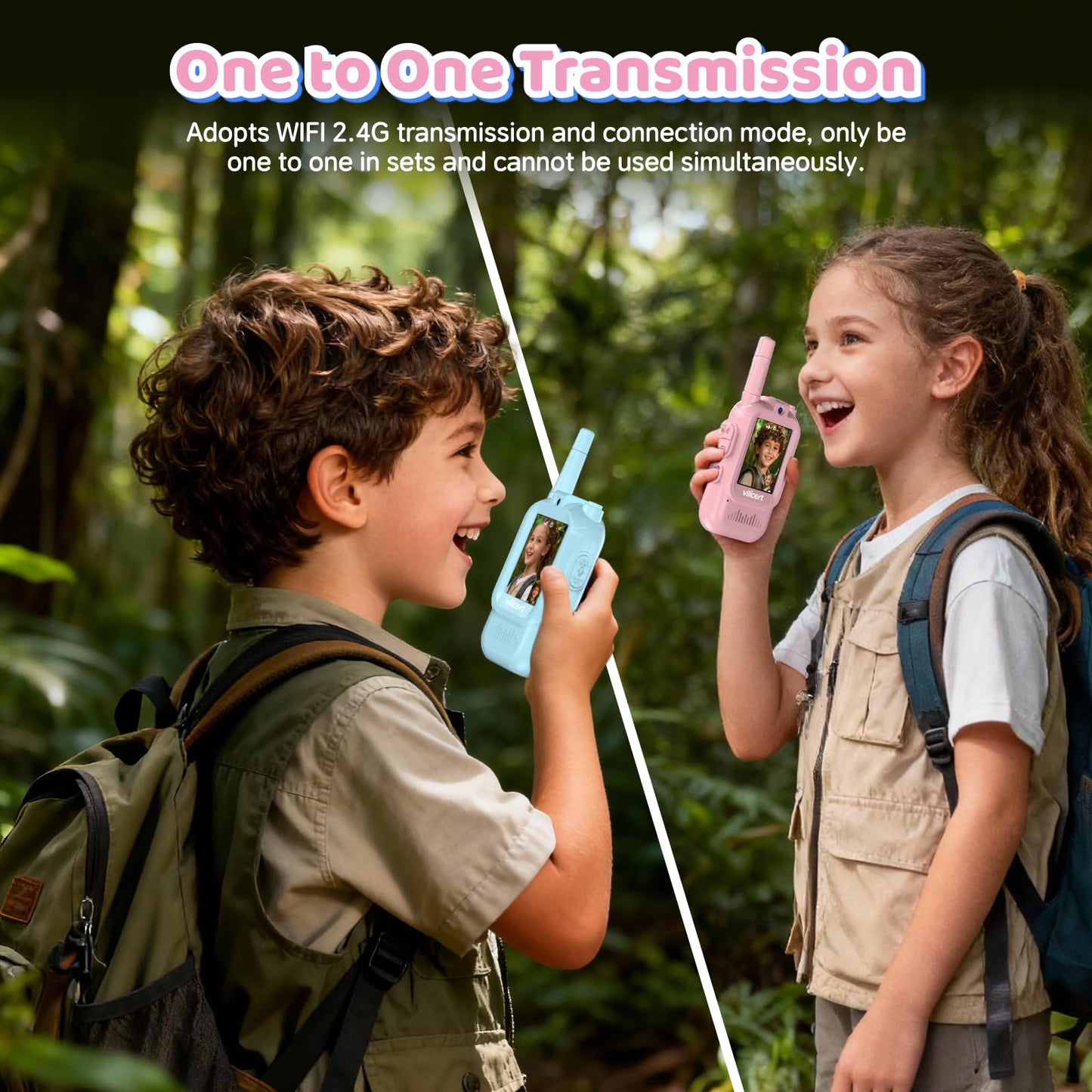 Vilicert voice changing walkie talkie set showcasing the portable side profile and lightweight body