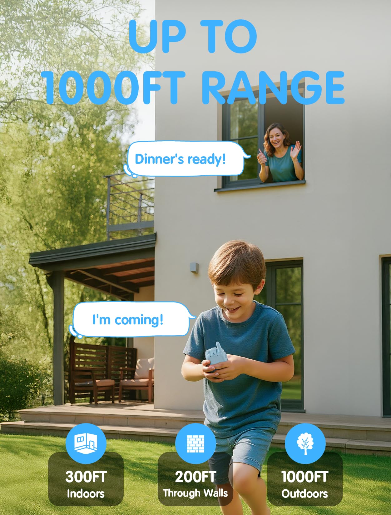 Fabeto toddler walkie talkie set displaying the live video feature on the screen during outdoor play