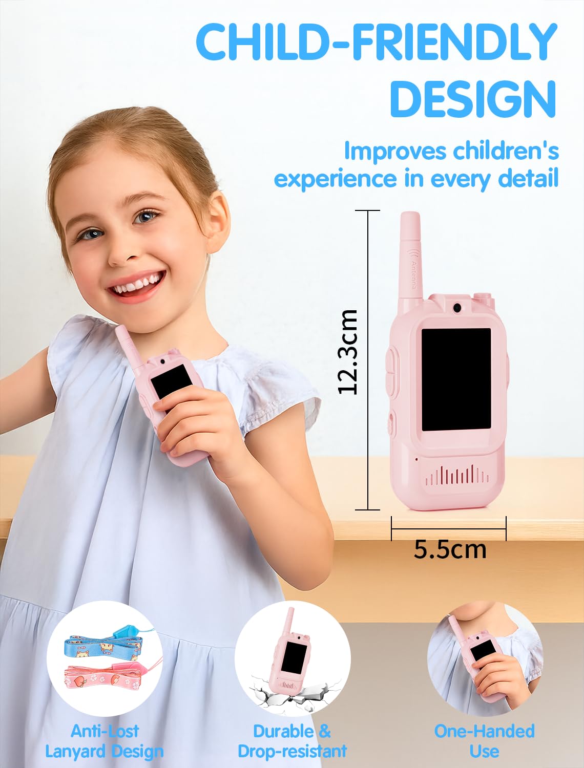 Fabeto drop resistant plastic walkie talkie for children showing the durable side profile design