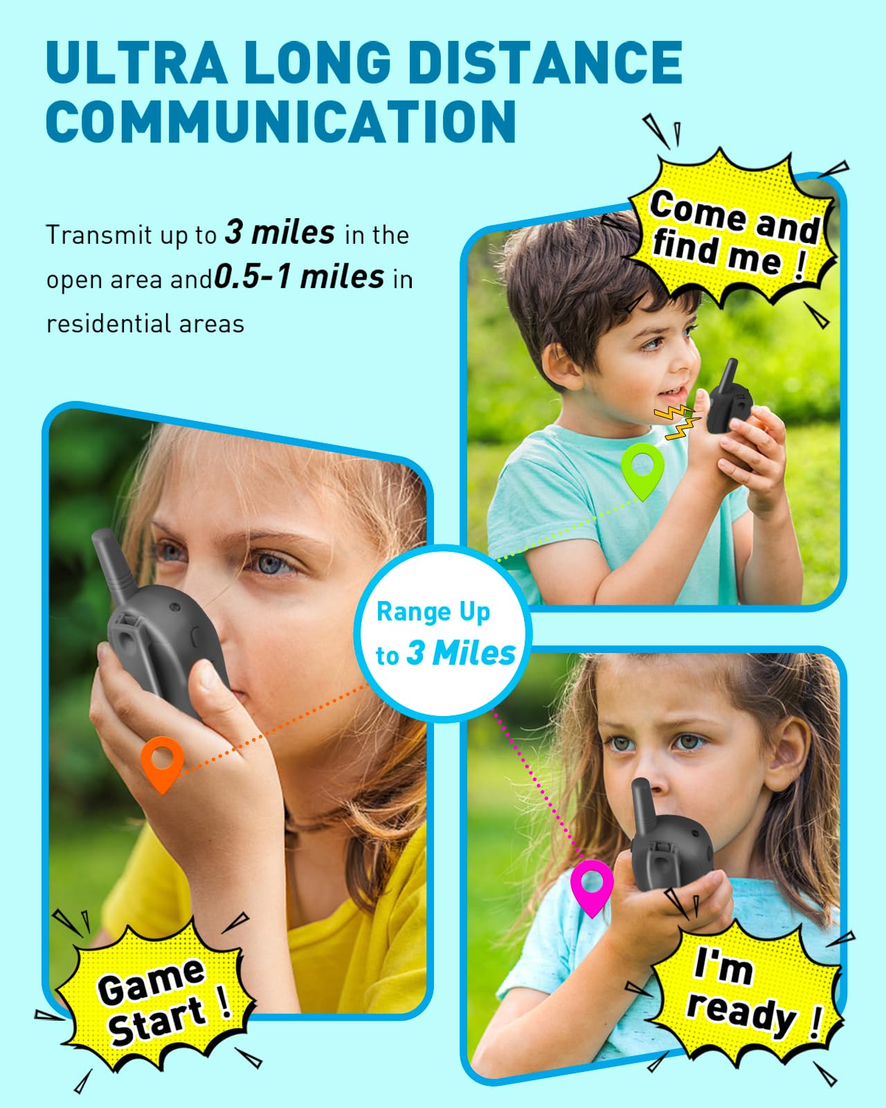 Hetyue four pack walkie talkies displaying the removable colorful back shells