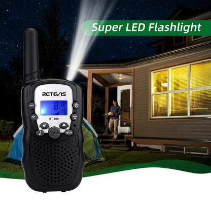 Blue and pink children toy walkie talkie set highlighting the top flashlight