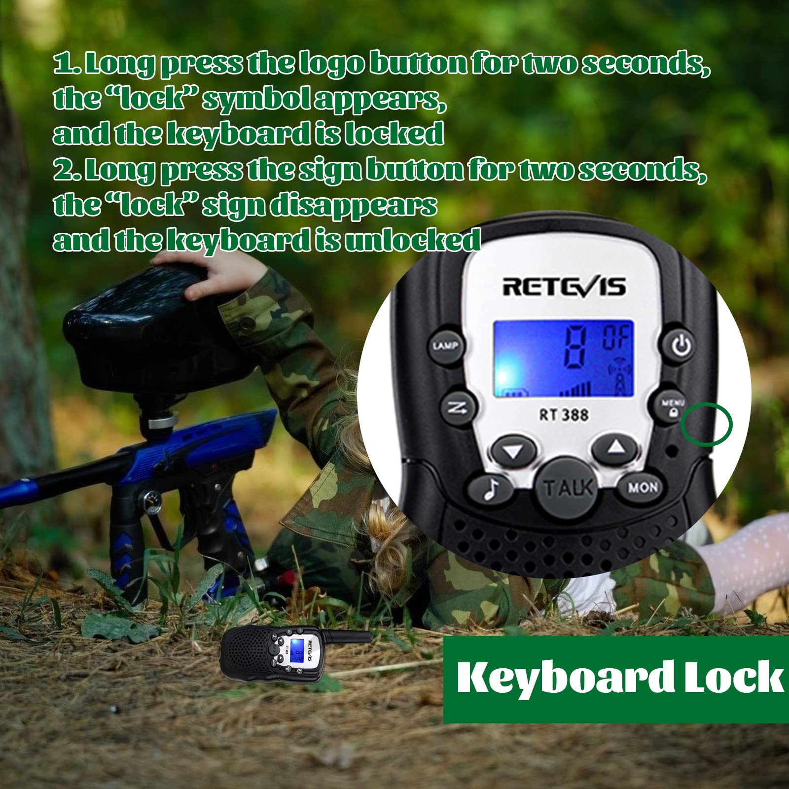 Kids camping walkie talkies pack displaying the simple keypad button layout
