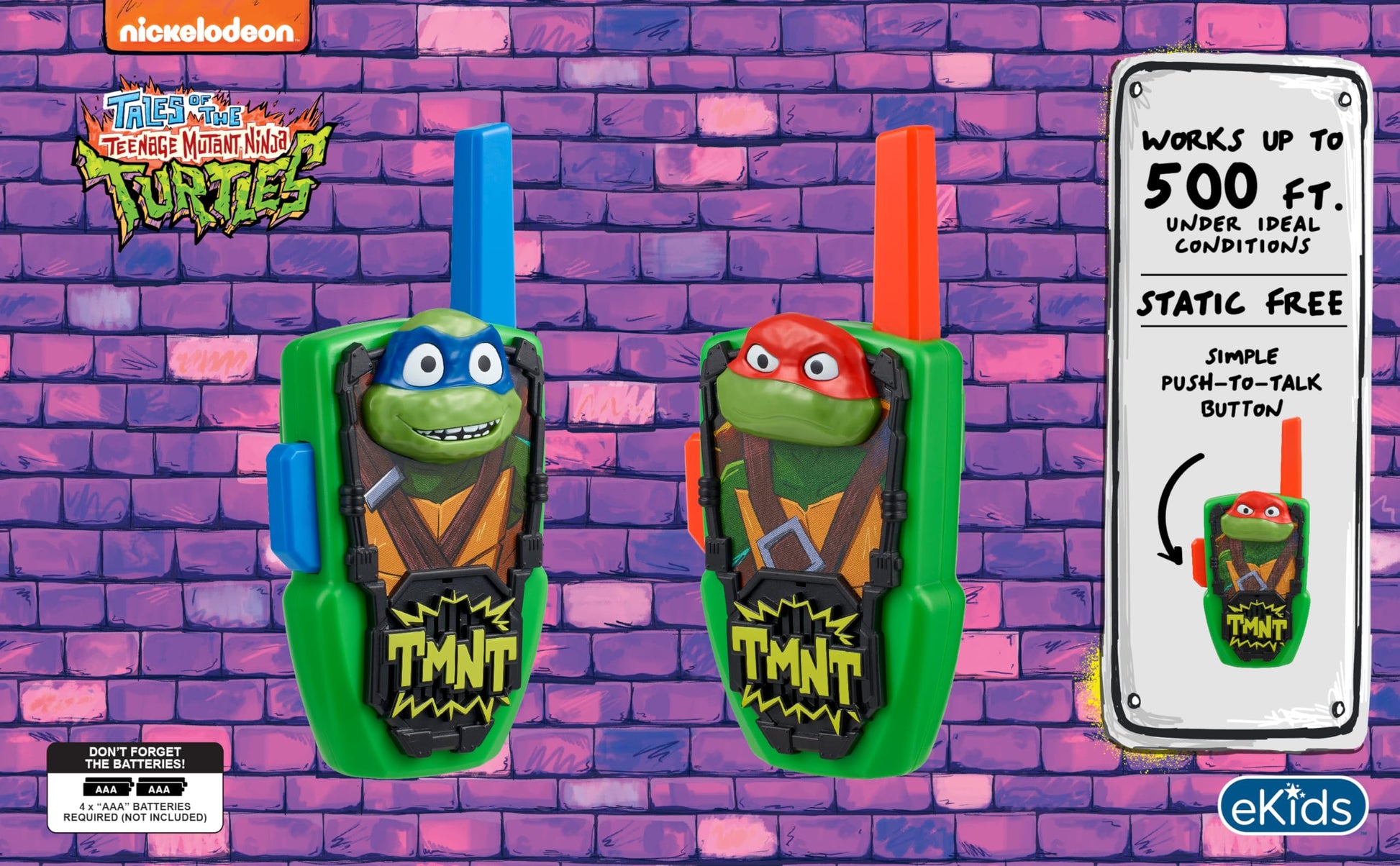 eKids TMNT two way radios for kids showing the push to talk side button layout