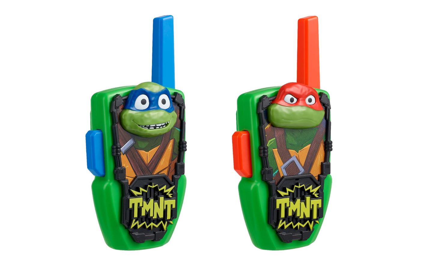 Close up of Leonardo blue mask graphics on the authentic eKids walkie talkie