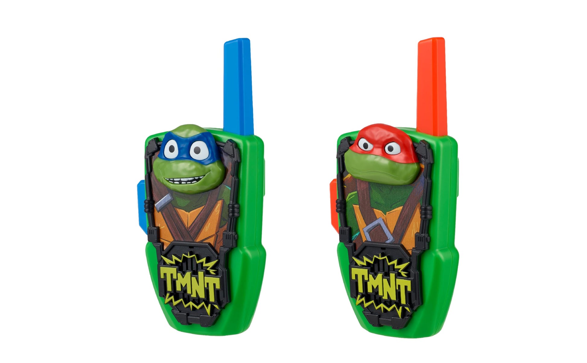 Close up of Raphael red mask graphics on the premium eKids two way radio
