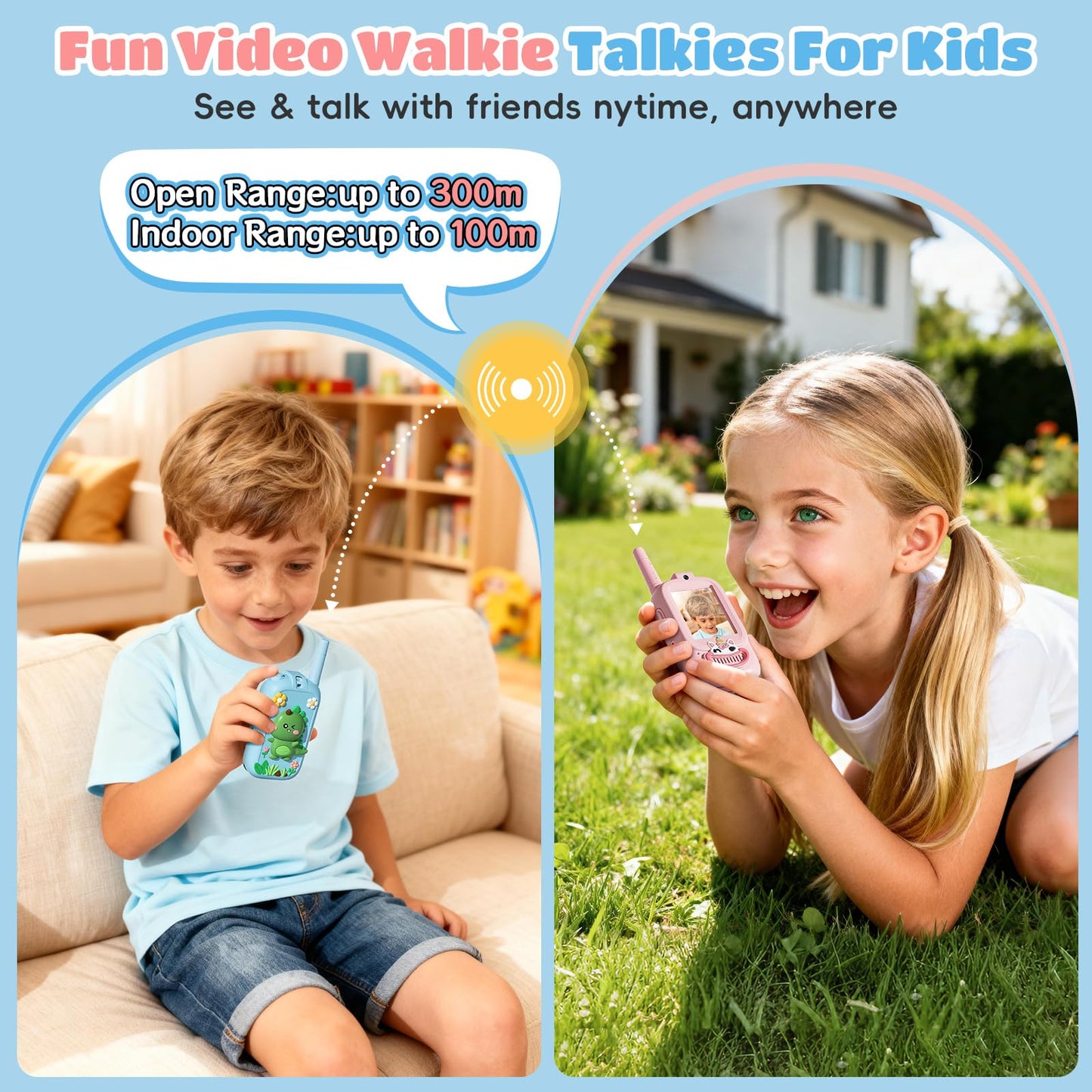 Two pack kids video walkie talkie set with pink and blue cute silicone covers